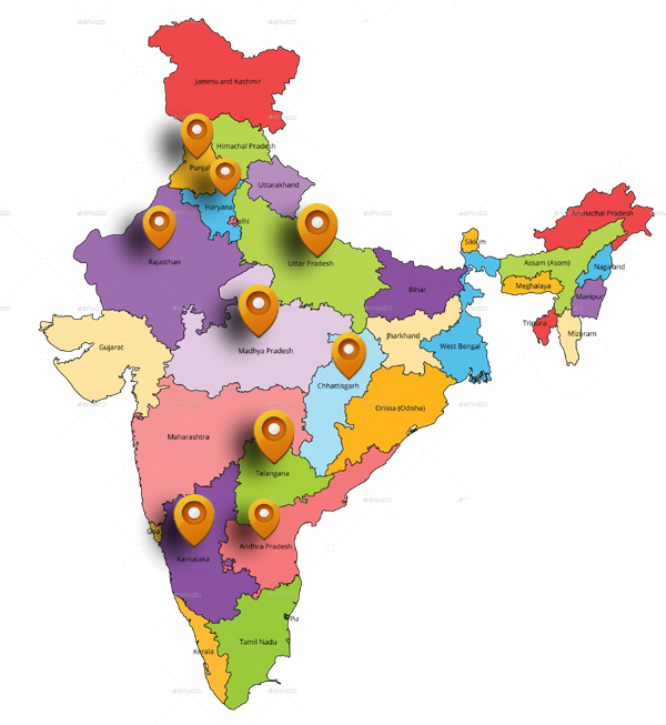 Map of India showing Harida's presence